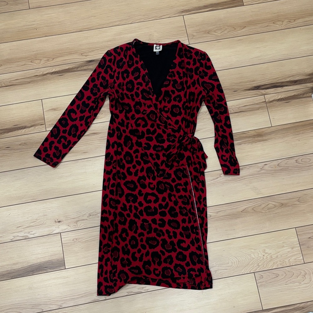 Anne Klein Red and Black Leopard Print Long Sleeve Dress
